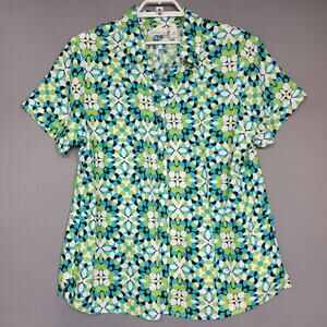 Kim Rogers Linen Top Womens 2X Green Blue Button Front Geometric Short Sleeves